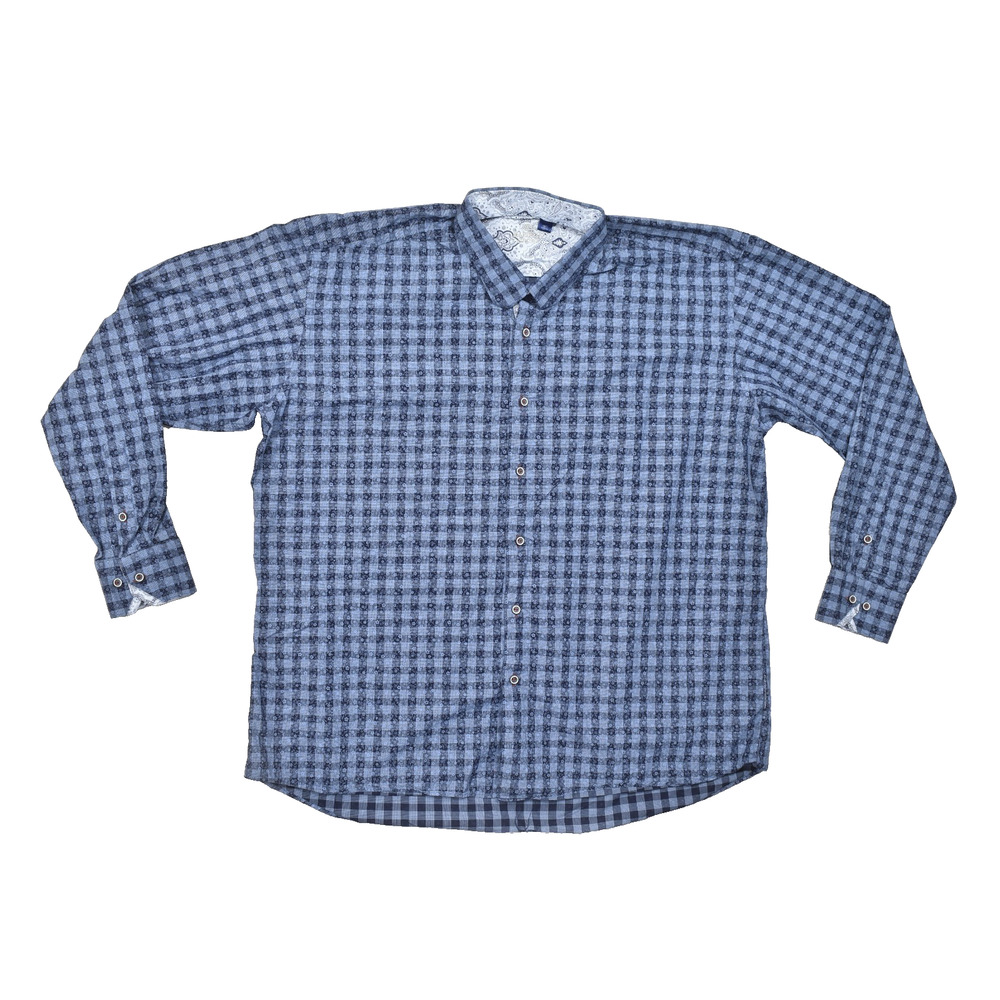 Marcello Sport Shirt Men 2XL Blue Gingham Floral Print Cotton Long Sleeve Paisle
